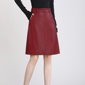 海宁真皮皮裙女半身裙2025新款 秋冬中裙系带高腰A字裙大码 皮短裙