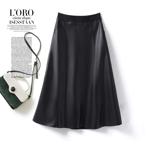 2025秋冬新款真皮皮裙女半身裙过膝中裙高腰绵羊皮大摆百搭A字裙