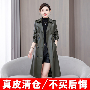 修身 2025春秋季 韩版 真皮皮衣女中长款 绵羊皮气质系带风衣外套 新款