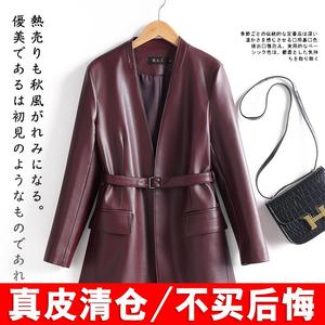 2025春秋新款真皮皮衣女中长款小西服系带收腰风衣绵羊皮夹克外套