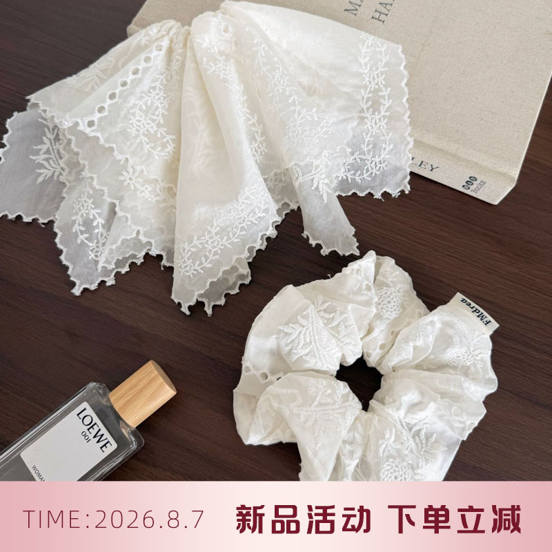韩系双层刺绣花纹方巾发圈女高级