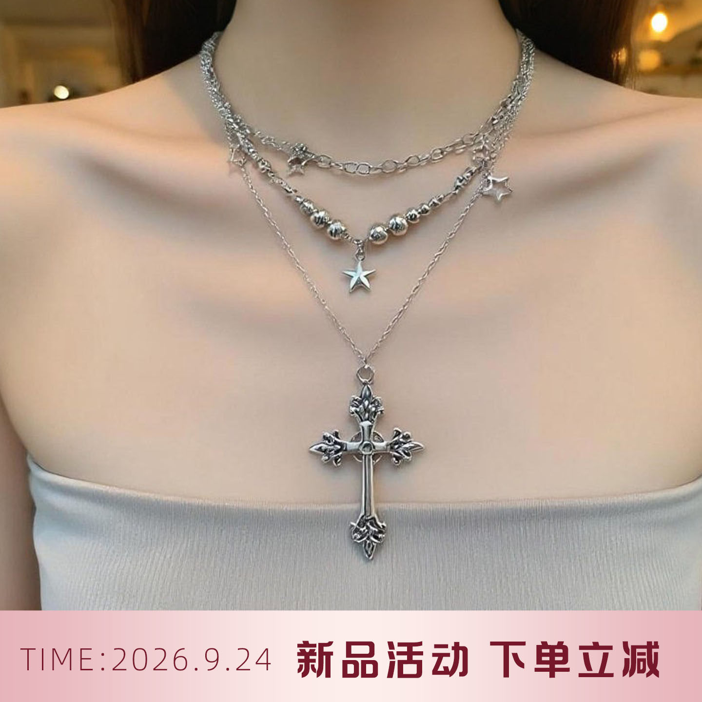 甜酷个性多层叠戴十字架小众哥特辣妹冷淡锁骨链潮项链女配饰