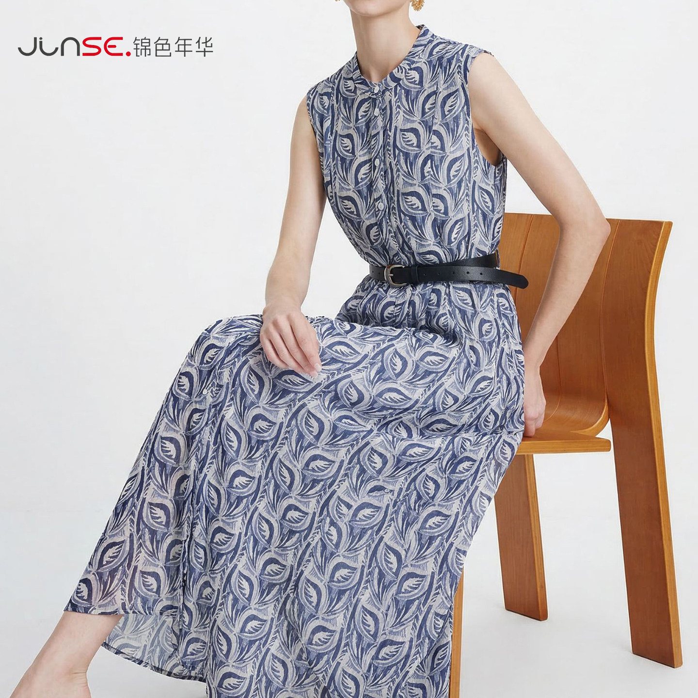 苎麻复古优雅休闲无袖印花连衣裙女夏季中长款收腰显瘦裙子