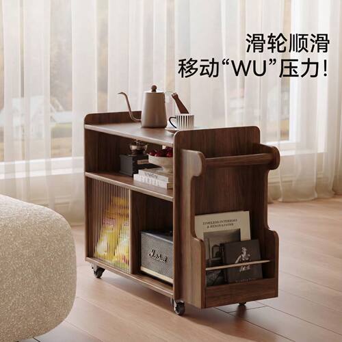 可移动实木边几沙发边柜侧柜客厅家用中古风置物架储物柜茶几推车