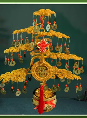招财树铜线铝丝纯手工编织摇钱树工艺品摆件中式家居装饰品发财树