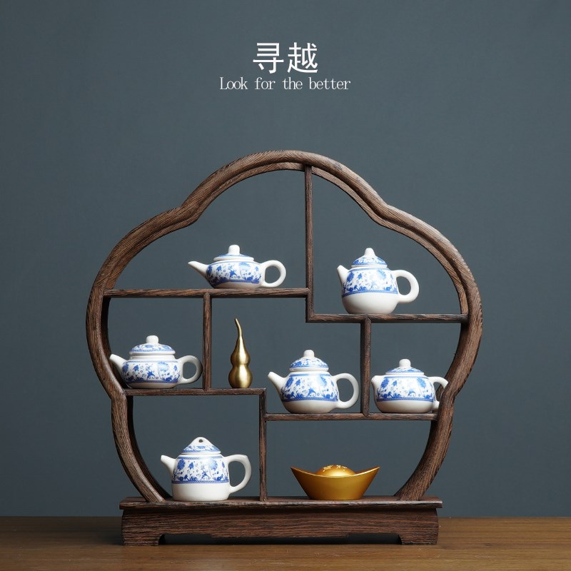 新中式博古架多宝阁复古禅意茶室书柜青花茶壶家居客厅装饰品摆件