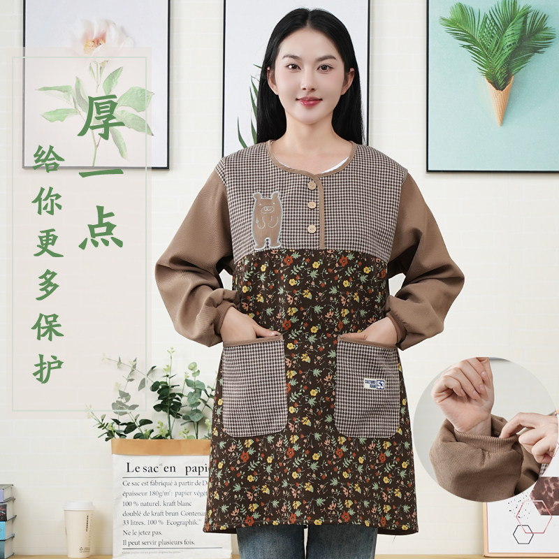 围裙厨房家用2025新款灯芯绒女长袖时尚做饭罩衣工作服带袖秋冬