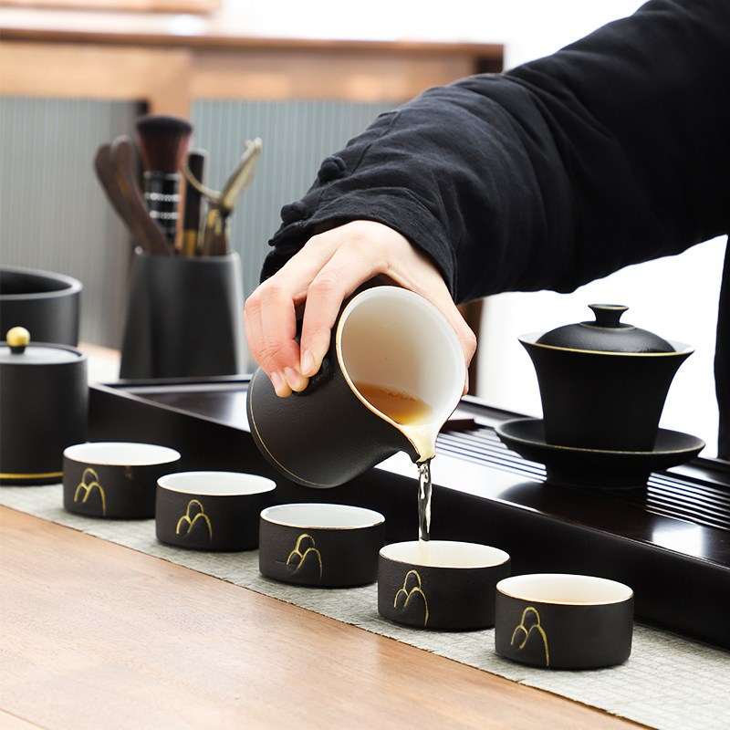 黑陶功夫茶具套组家用办公室会客日式禅风粗陶盖碗茶壶复古茶杯