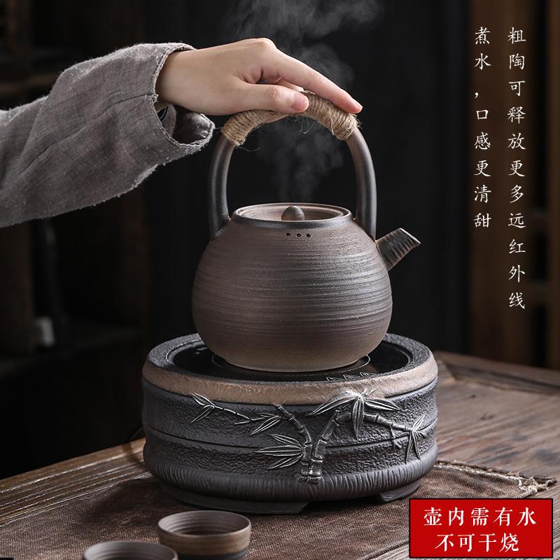 鎏金铁釉粗陶提梁壶烧水壶煮茶壶大容量陶瓷壶手工古早烧茶具