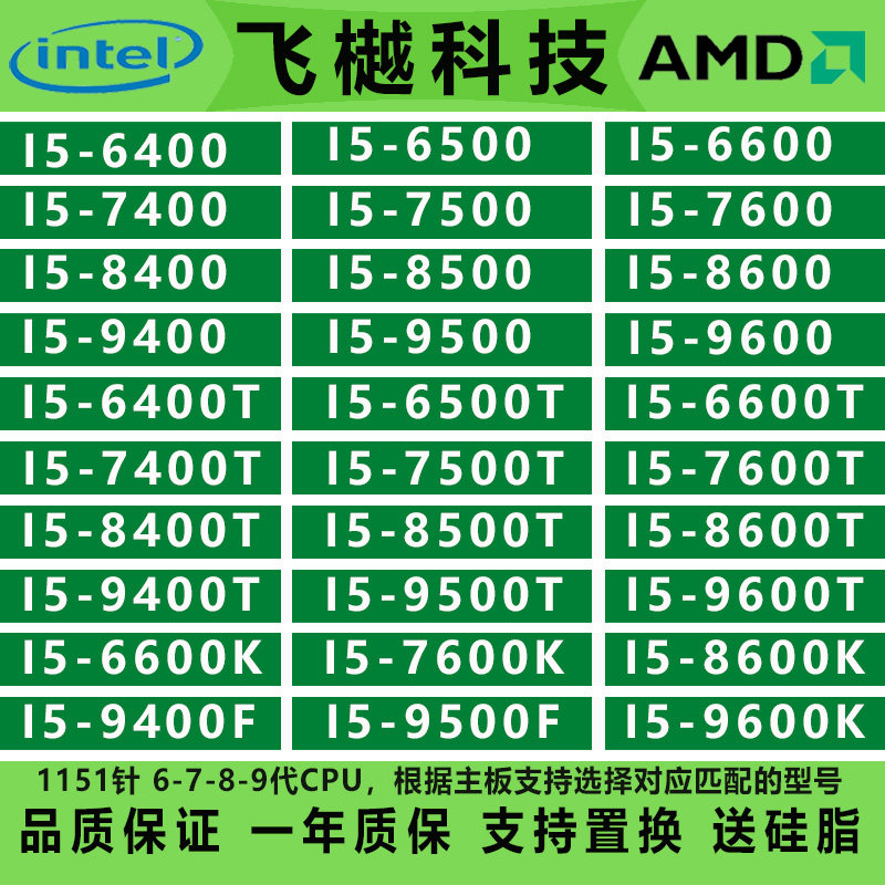 I5 6400 6500 6600 7400 7500 7600 8400 8500 8600K 9400F 9500T