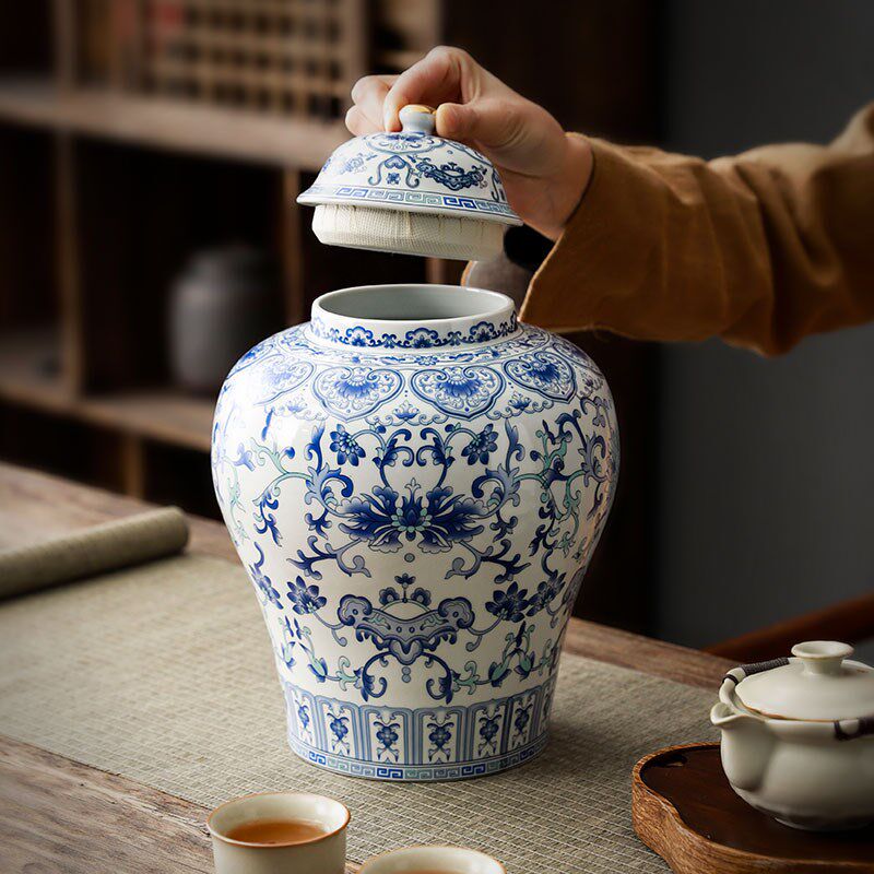 茶叶罐青花陶瓷大号将军罐装茶叶罐子茶罐防潮密封茶道摆设描金