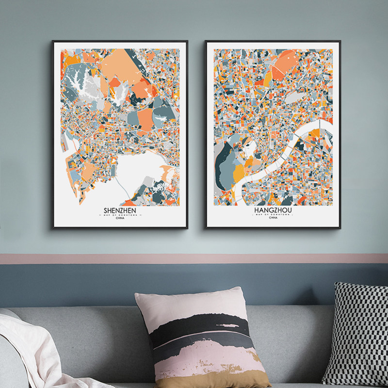 鳟鱼北欧城市地图竖版装饰画客厅装饰背景画艺术画沙发背景墙挂画