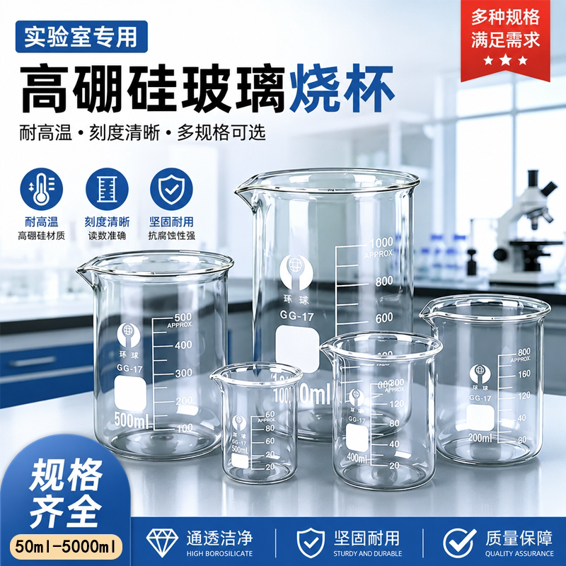环球牌玻璃烧杯50 100 150 250 500 800 1000 2000 3000 5000ml毫升烧杯刻度杯实验器材刻度量杯高型实验室图片