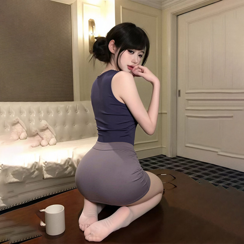 性感豹纹肚兜女镂空角色扮演抹胸套装办公室秘书制服情调趣味内衣