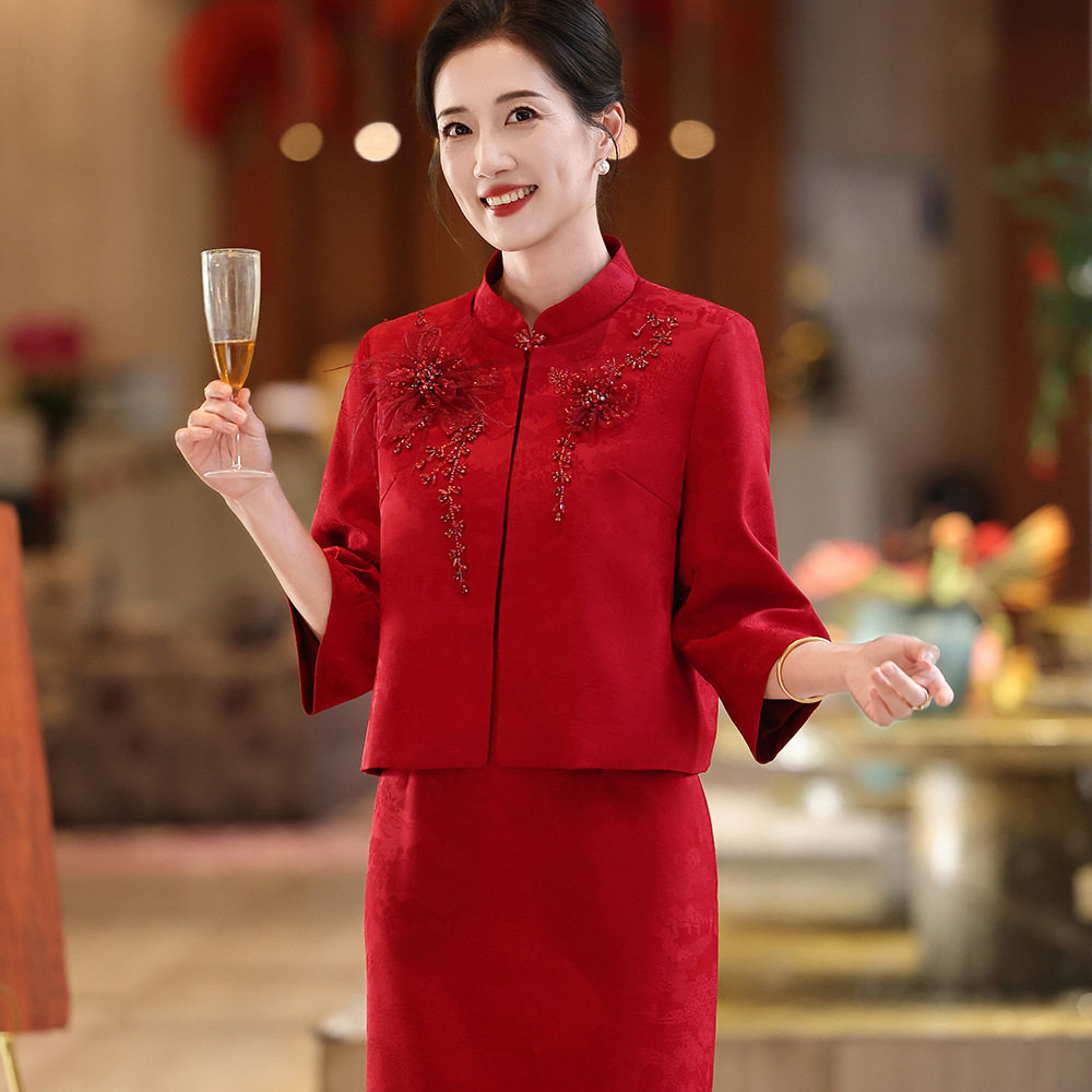 春秋夏挂脖印花通勤妈妈旗袍