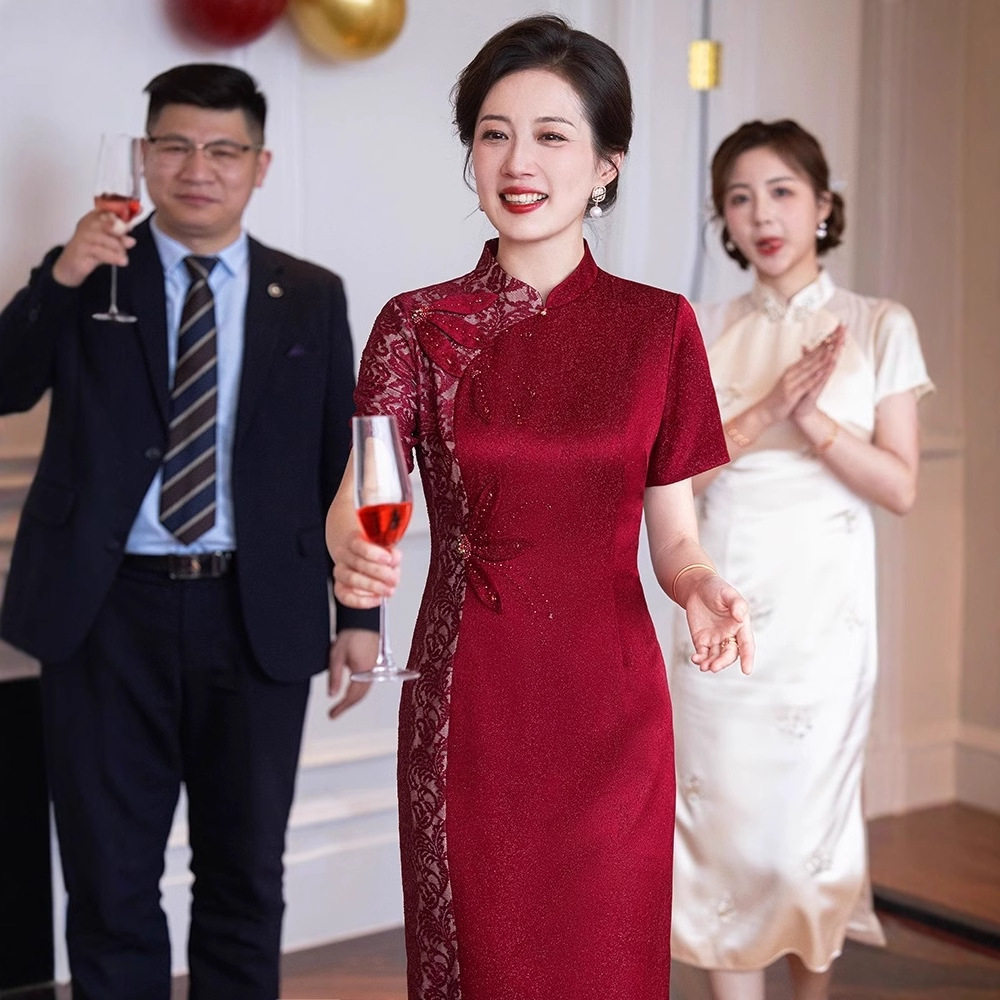 夏季新款高端旗袍礼服女气质改良提花旗袍结婚敬酒服喜婆婆婚宴装