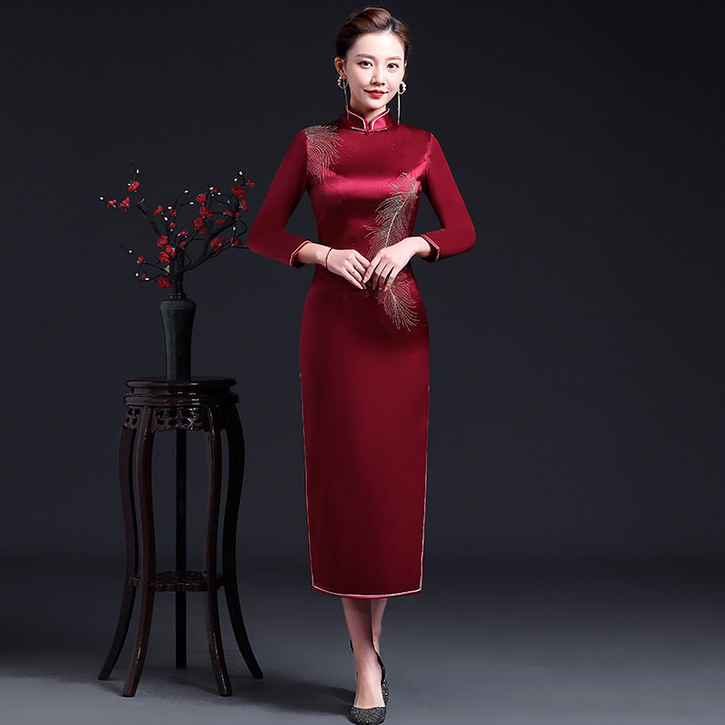 秋冬刺绣旗袍长款长袖婚宴妈妈结婚礼服连衣裙文艺复古风中国风