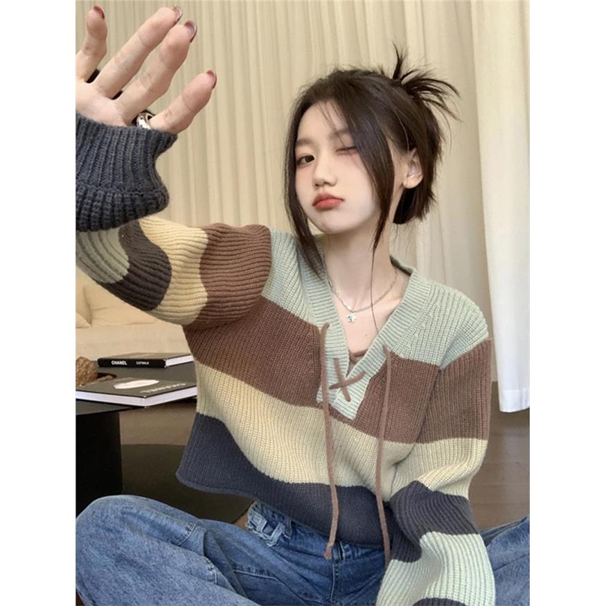 复古撞色条纹系带v领针织