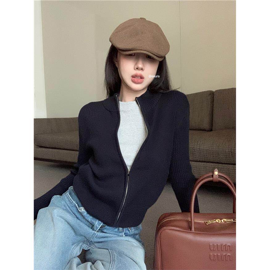 复古藏青色开衫外套女秋