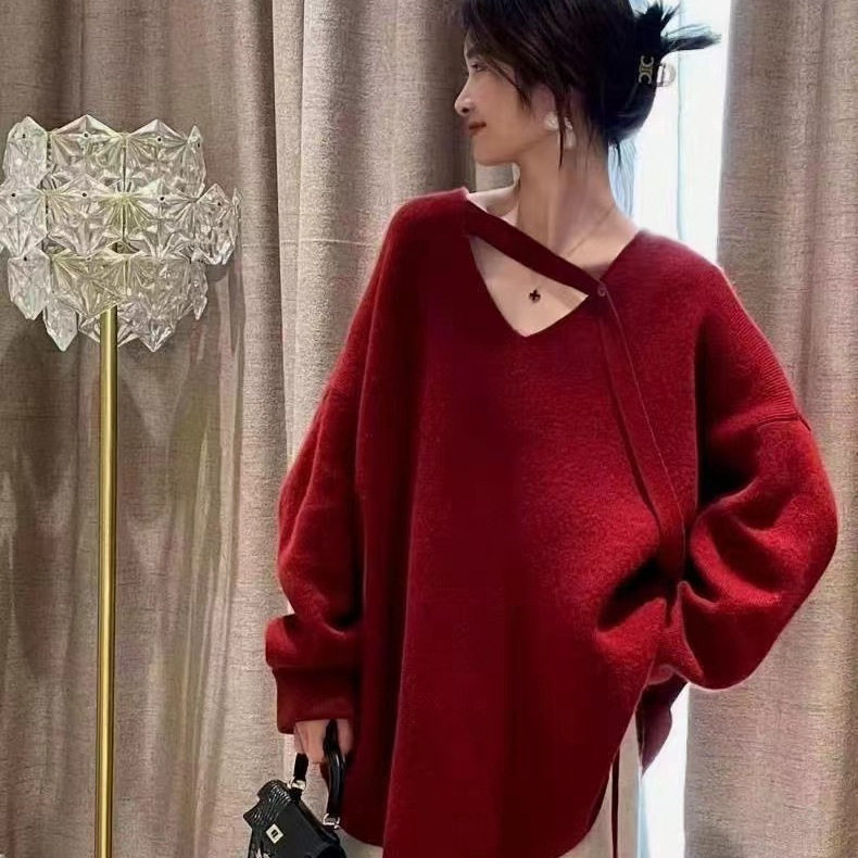 慵懒风宽松针织毛衣女装V