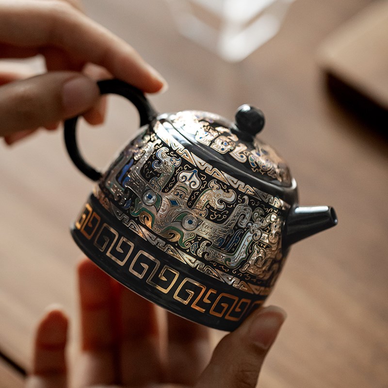 饕餮黑釉茶壶一壶二杯茶具家用高档便捷2025新款茶壶茶杯套装