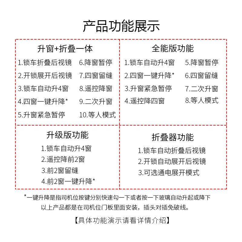 2014-2024款全新奇骏楼兰改装后视镜折叠+玻璃升降一键自动升窗器