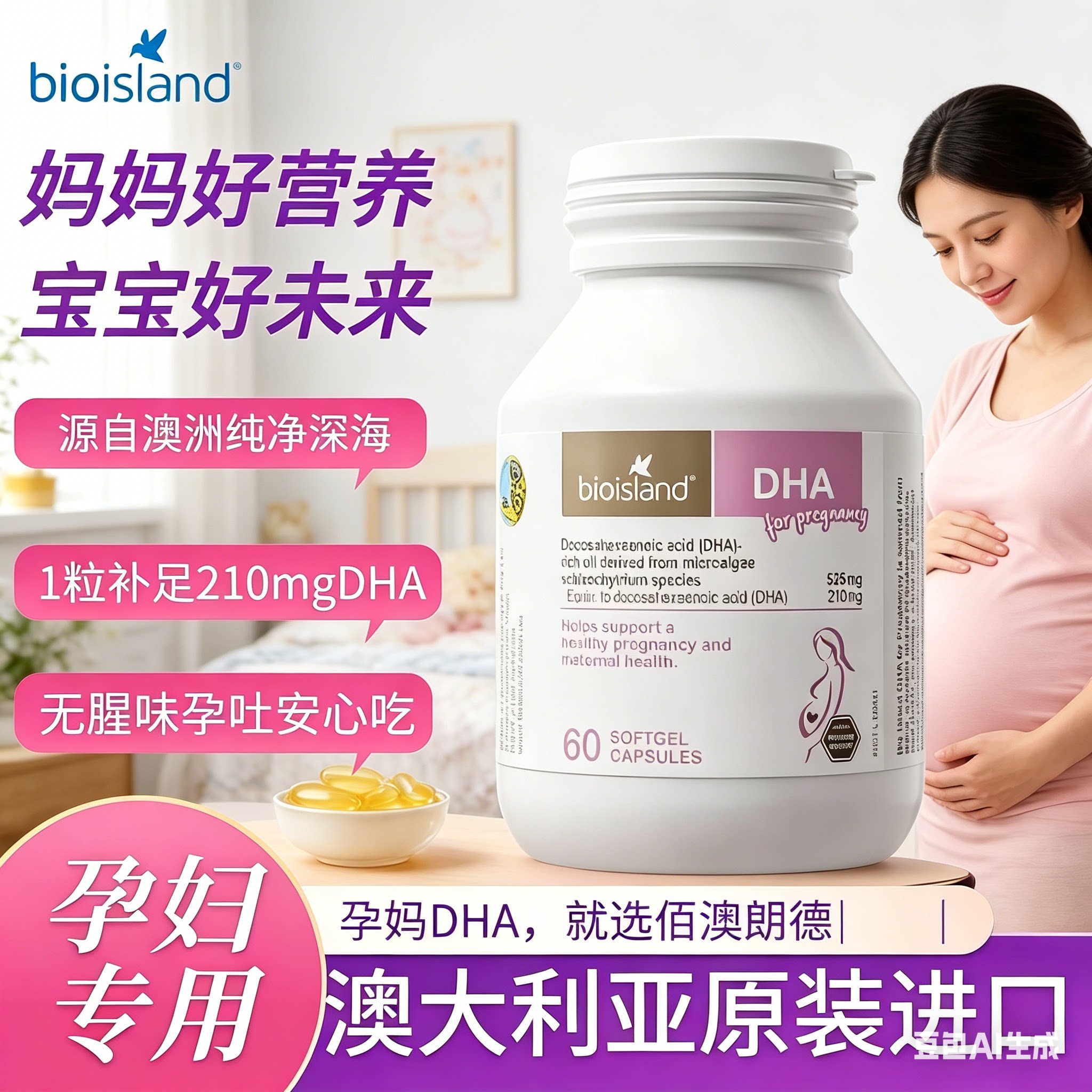 澳洲BioIsland孕妇专用海藻油DHA备孕期哺乳期黄金素一人吃两人补