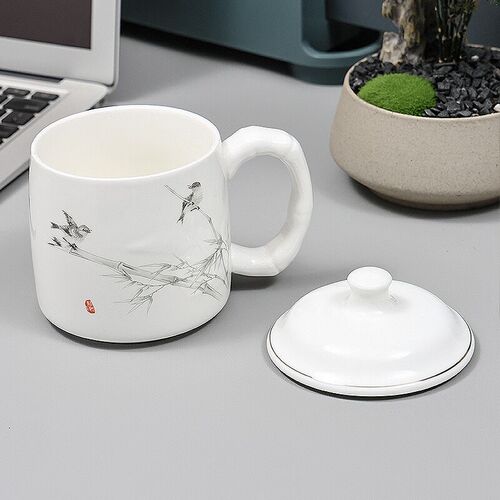 晋宝源带盖陶瓷杯办公杯会议杯商务杯喝茶杯子大容量古风花鸟系列