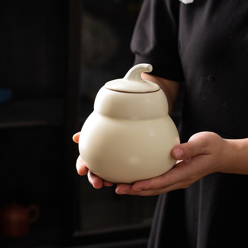 汝窑开片茶叶罐陶瓷葫芦密封罐防潮小茶仓储物普洱茶罐中式醒茶罐