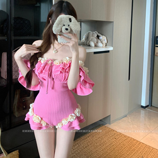 绝美多巴胺连体泳衣女小胸聚拢遮肉显白纯欲甜美少女海岛度假温泉