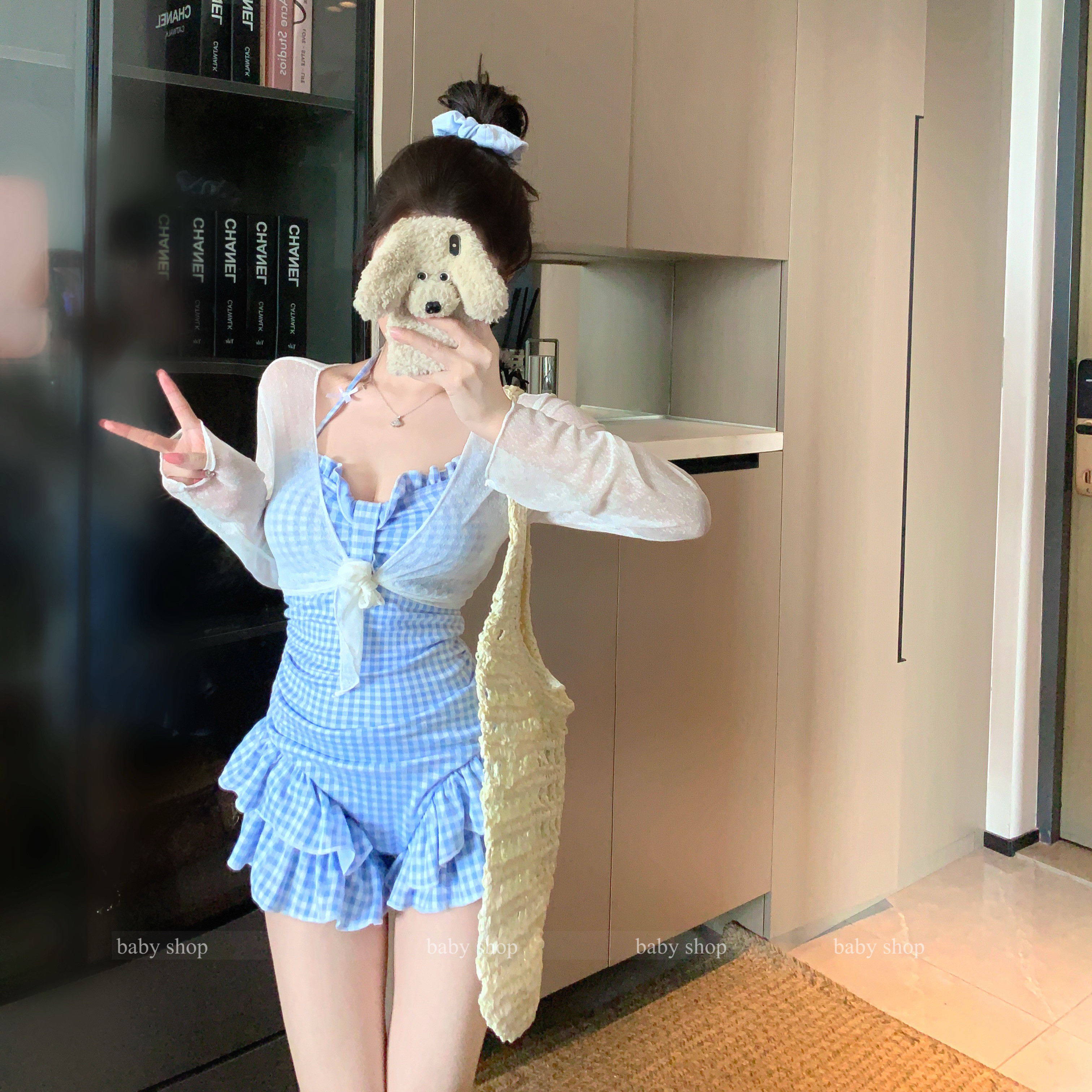 韩系甜美少女纯欲风小胸聚拢遮肉保守连体泳衣女性感绝美海边沙滩
