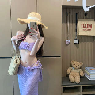 紫色纯欲风比基尼三件套小胸聚拢性感显瘦泳衣女 网红度假2025爆款