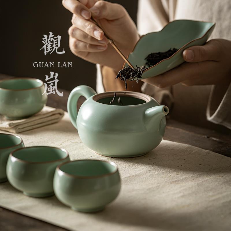 高档开片汝窑功夫茶具套装陶瓷家用会客茶壶茶杯礼盒装办公室整套