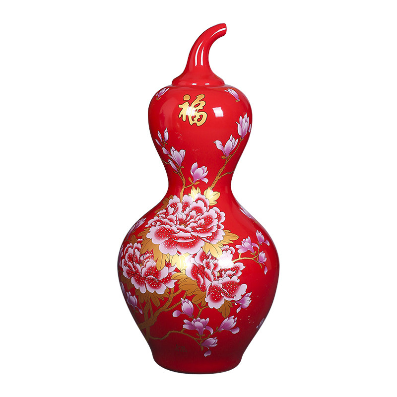 景德镇陶瓷中国红葫芦落地大号花瓶客厅电视柜玄关装饰品公司摆件