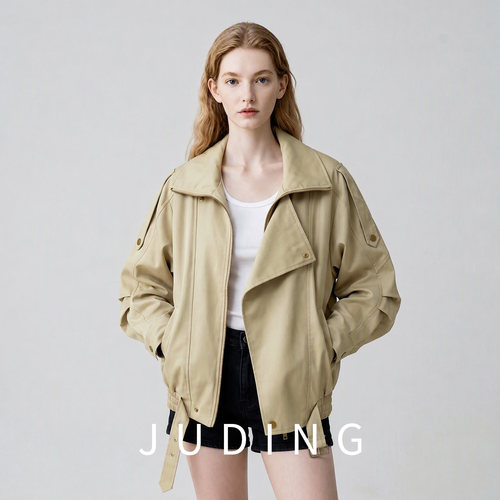 JUDING短款外套女早秋时尚高级感外衣小个子风衣卡其翻领长袖F605