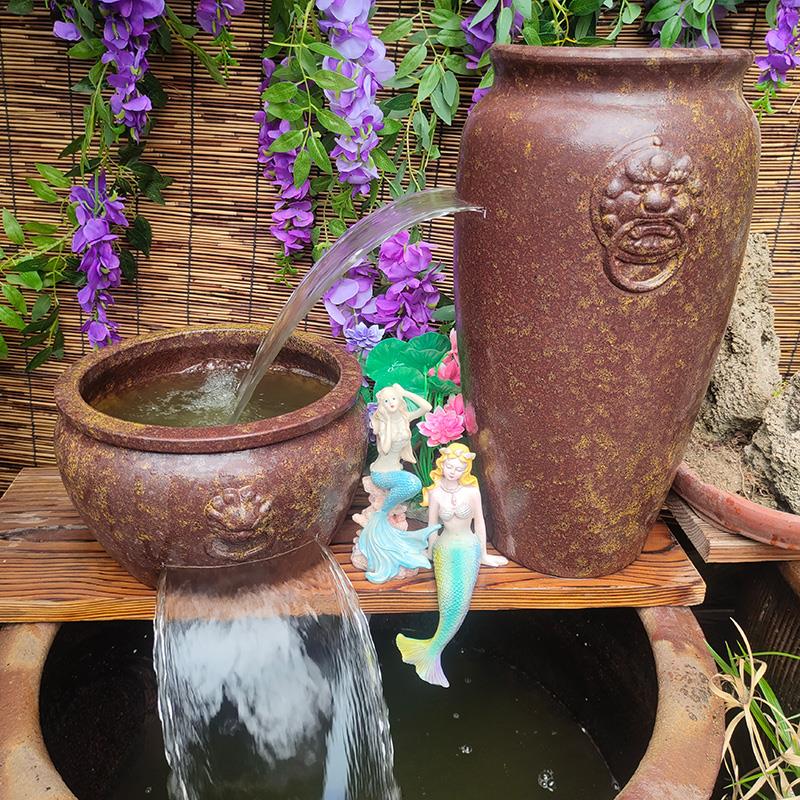 古法鱼缸庭院生态缸瀑布流水陶罐循环流水造景冲氧过滤摆件包邮