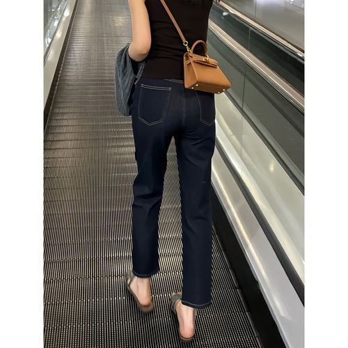 丹宁蓝直筒牛仔裤女新款高腰显瘦