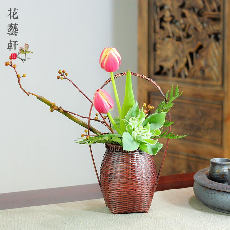 竹编花篮插花器中式传统手工禅意复古插花摆件茶道席书房客厅茶室
