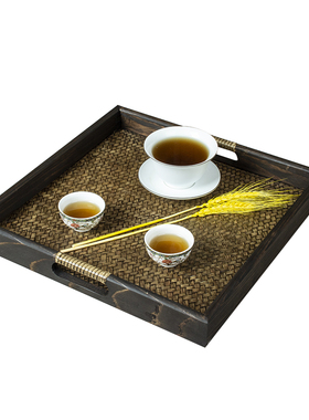 泰国木质藤编正方形托盘家用客厅复古实木茶水杯茶具水果收纳茶盘