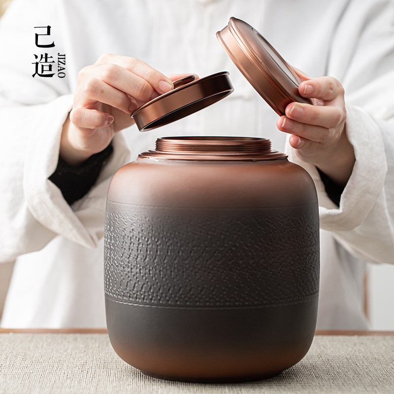 己造 手工紫陶跳刀茶叶罐陶瓷密封罐家用双盖合金吸力盖家用防潮
