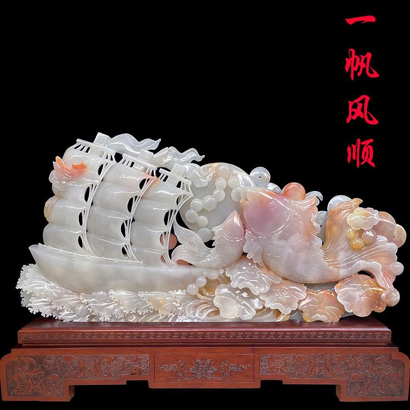 玉石船摆件一帆风顺家居客厅入门玄关电视酒柜装饰办公室招财开业