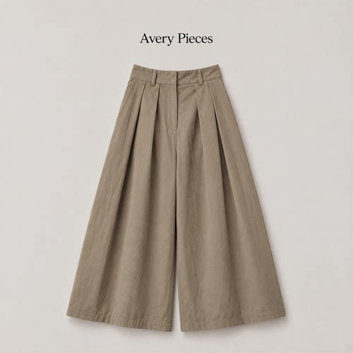 Avery Pieces 美国匹马棉盐缩高腰伞形阔腿裤 卡其色宽松廓形长裤