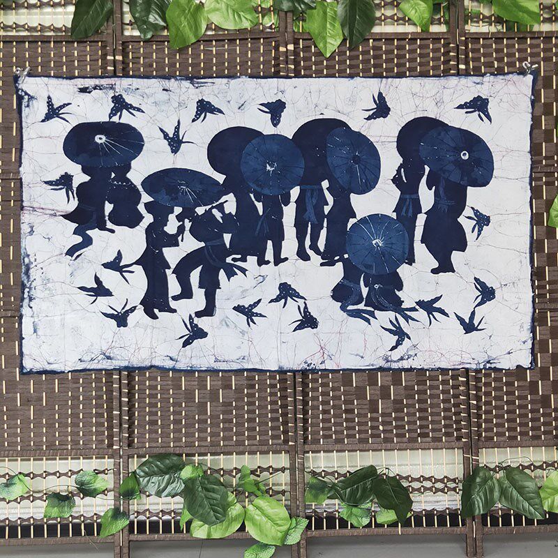 民族特色中式沙发背景布手工苗族蜡染画墙面装饰家居壁画复古挂帘