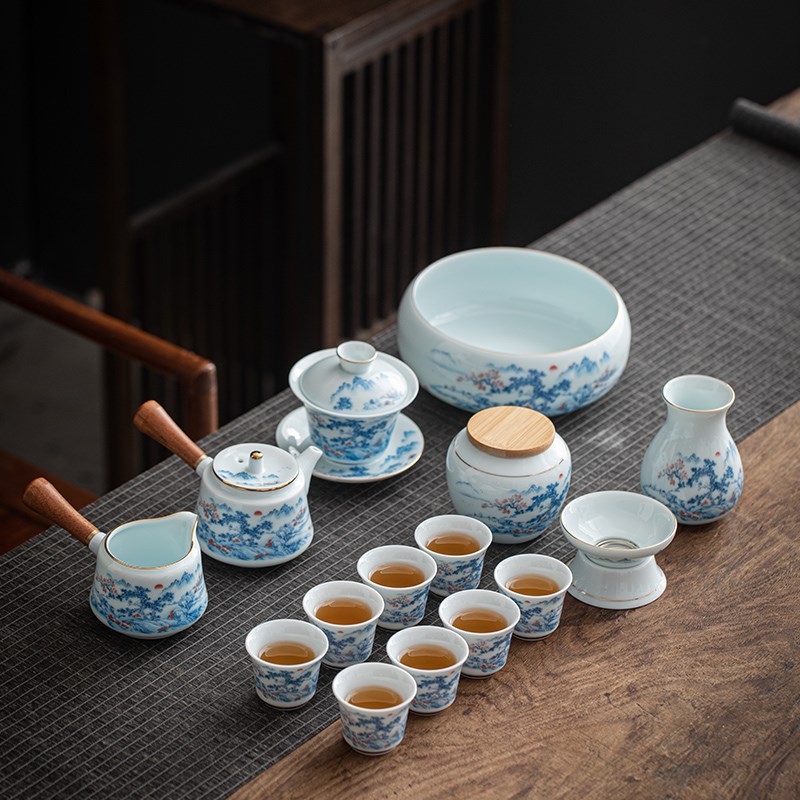 青瓷侧把壶功夫茶具套装家用客厅陶瓷山水盖碗茶杯简约办公室泡茶