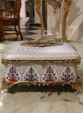 茱莉安法式欧式手工绘画陶瓷镶铜浅蓝色家居饰品装饰纸巾盒