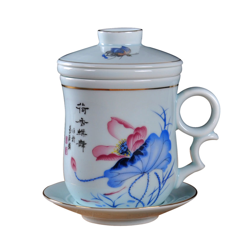 青瓷茶水分离陶瓷泡茶杯带过滤办公青花瓷个人杯花茶色釉喝茶水杯