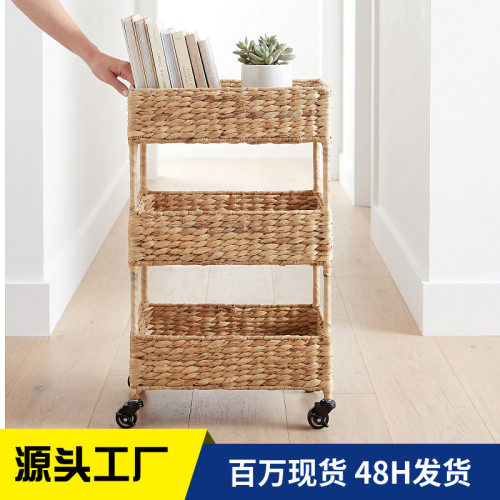 北欧风带轮草编储物架杂物置物架手工编织收纳整理多层衣柜筐