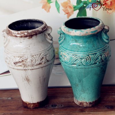 美式乡村中海做旧陶瓷直筒花瓶花盆花插花器家居台面摆件蓝 白色