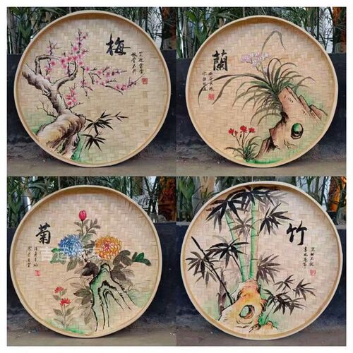 手绘竹编簸箕画餐馆农家乐墙面背景装饰画田园美丽乡村花鸟壁挂画