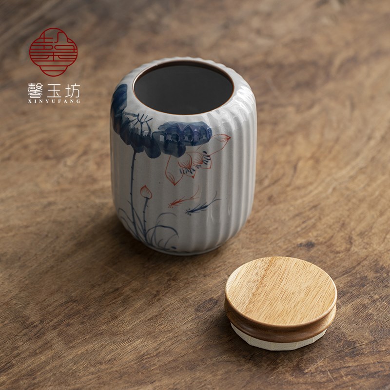馨玉坊手绘荷花茶叶罐密封防潮陶瓷存茶罐中式木盖家用大号储物罐
